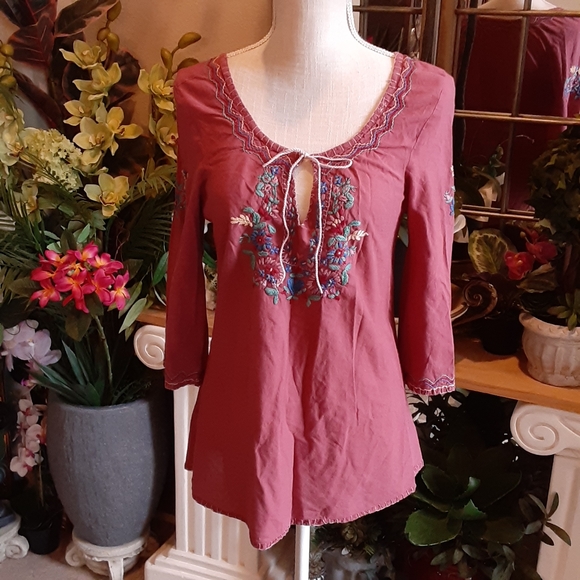 magazine estd. 1993 Cotton BOHO Flared Bodice String Tie Deep Scoop Top S Med - Picture 1 of 8